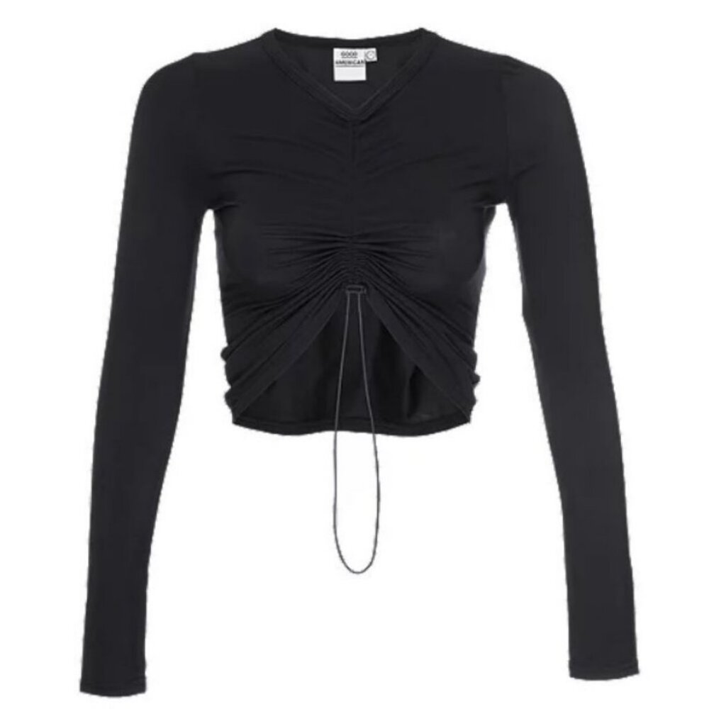 Good American Ruched Shirred V-neck Long Sleeve Top Black / Size 2 / Medium